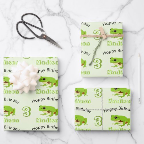 Cute Green Tree Frog Pattern Name Age Birthday Wrapping Paper Sheets