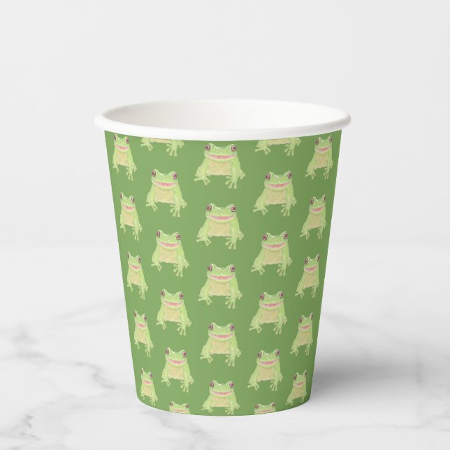 Cute Green Tree Frog - pattern. Paper Cups (Front)