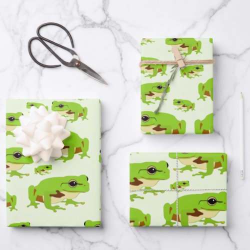 Cute Green Tree Frog Pattern Wrapping Paper Sheets