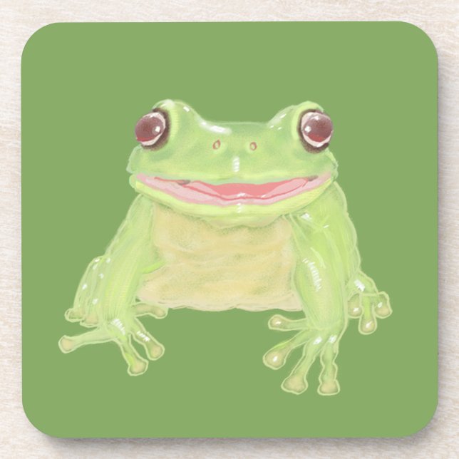 Cute Green Tree Frog - transparent. Beverage Coaster (Front)