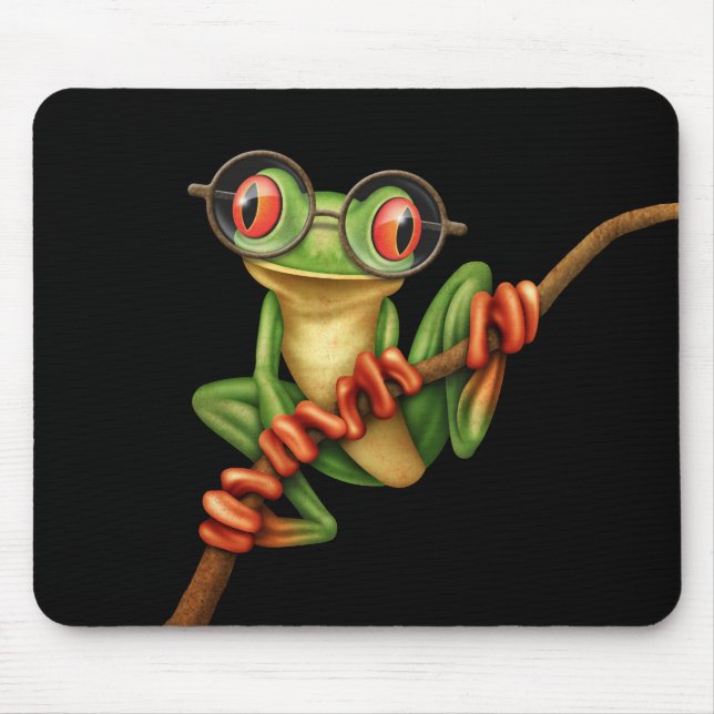 Cute Green Tree Frog with Eye Glasses on Black Mouse Pad (Front)