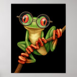 Cute Green Tree Frog with Eye Glasses on Black Poster