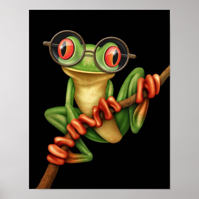 Cute Green Tree Frog with Eye Glasses on Black Poster (Front)
