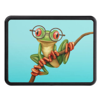 Cute Green Tree Frog with Eye Glasses on Blue Tow Hitch Cover