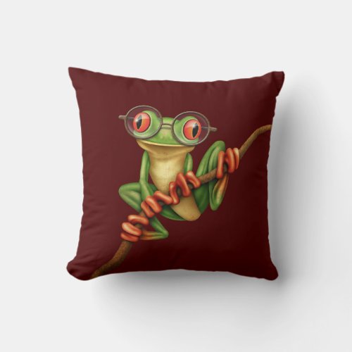 Cute Green Tree Frog with Eye Glasses on Red Throw Pillow
