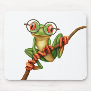 Cute Green Tree Frog with Eye Glasses on White Mouse Pad