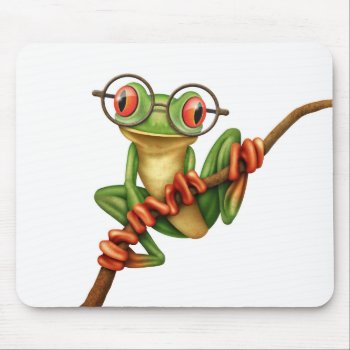Cute Green Tree Frog With Eye Glasses On White Mouse Pad by crazycreatures at Zazzle