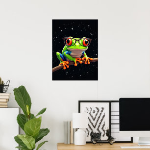 Cute Green tree frog with eyeglasses Poster