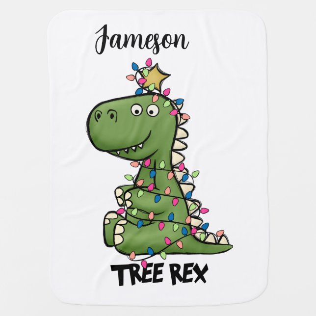 Cute Green Tree Rex Dino Christmas Star Baby Blanket (Front)