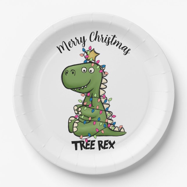 Cute Green Tree Rex Dino Lights Merry Christmas Paper Plates (Front)