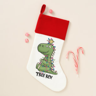Cute Green Tree Rex Dino Lights Red & White Christmas Stocking