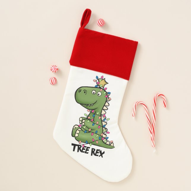 Cute Green Tree Rex Dino Lights Red & White Christmas Stocking (Front)