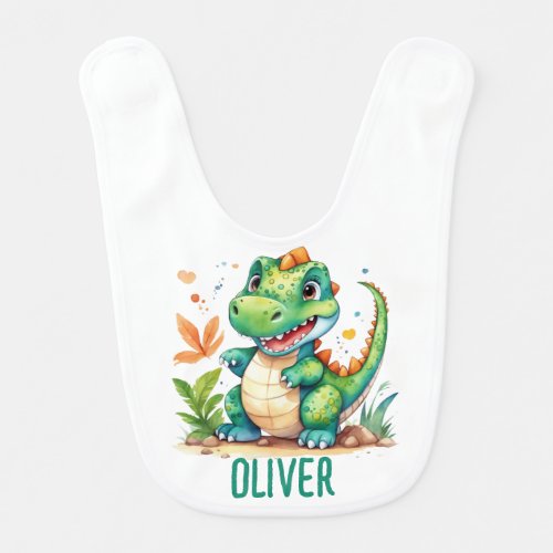 Cute Green Trex Dinosaur Personalized Baby Bib