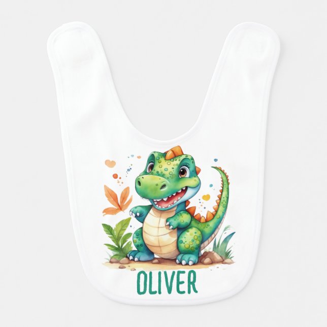 Cute Green Trex Dinosaur Personalized Baby Bib (Front)