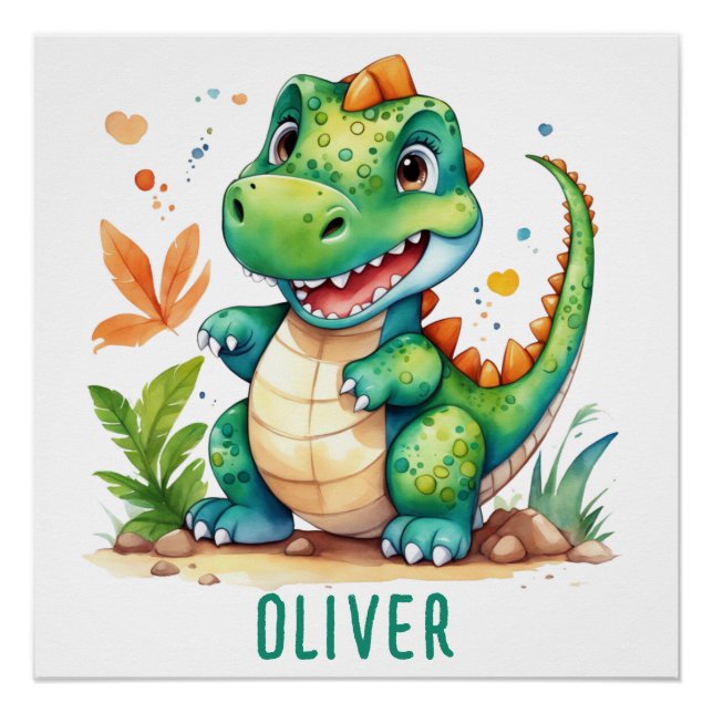 Cute Green Trex Dinosaur Personalized Poster (Front)
