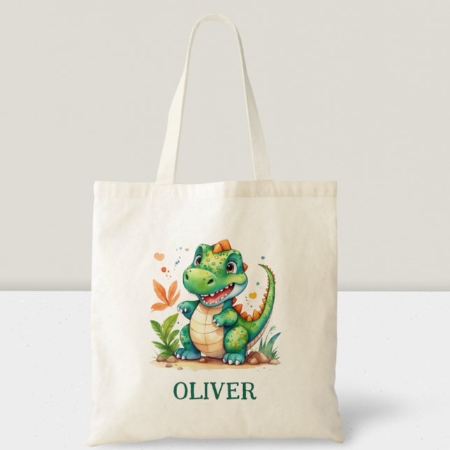 Cute Green Trex Dinosaur Personalized Tote Bag (Creator Uploaded)