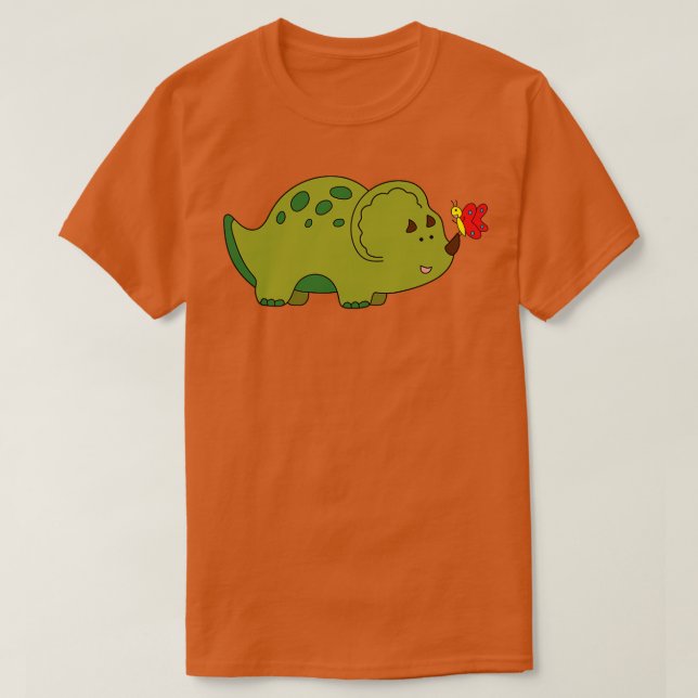 Cute Green Triceratops Dinosaur With Little Butter T-Shirt (Design Front)