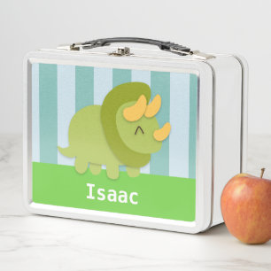 Cute Green Triceratops Kids Personalized Metal Lunch Box