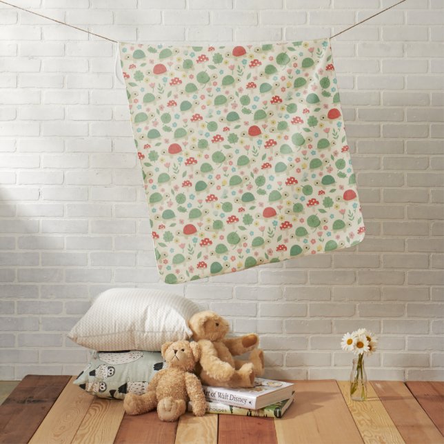 Cute Green Turtle and Mushroom Baby Blanket (In Situ)