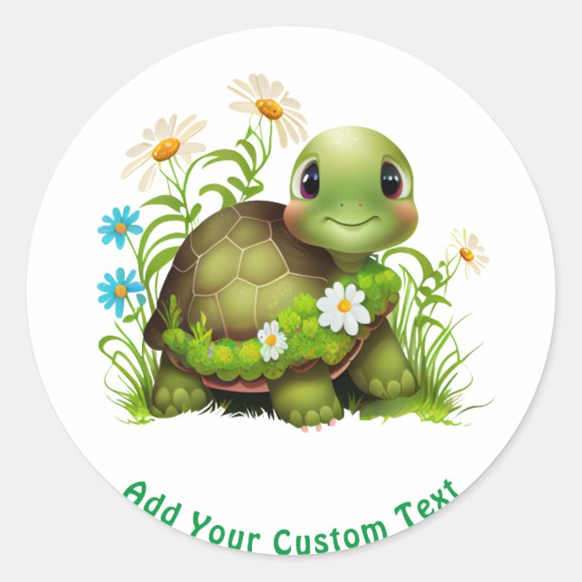 Cute Green Turtle Floral Custom Text Classic Round Sticker (Front)