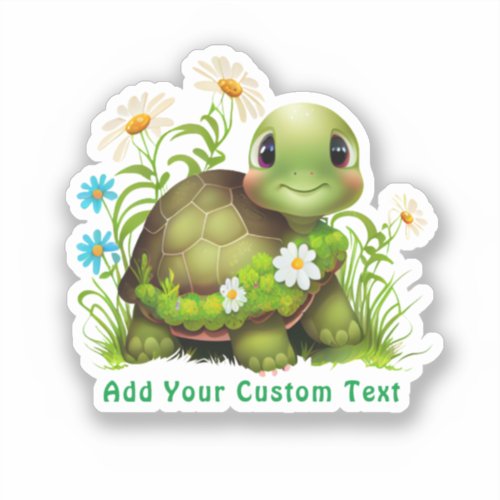 Cute Green Turtle Floral Text Custom Cut  Sticker