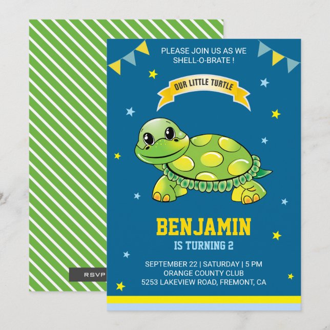 Cute Green Turtle Kids Birthday Party Invitation (Front/Back)