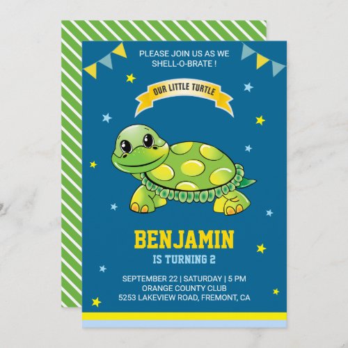 Cute Green Turtle Kids Birthday Party Invitation