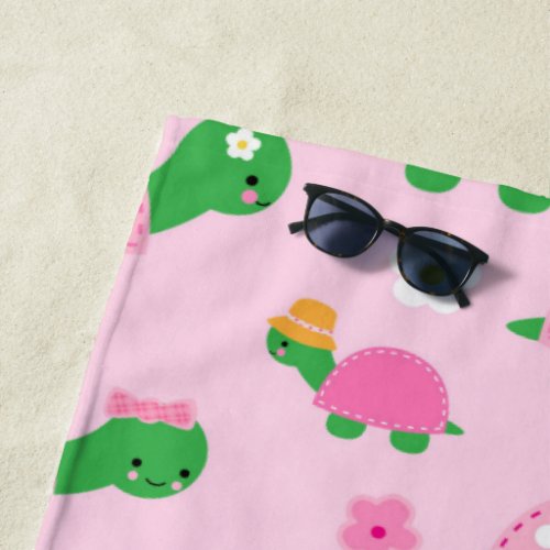 Cute Green Turtle on Colorful Pink Beach Towel