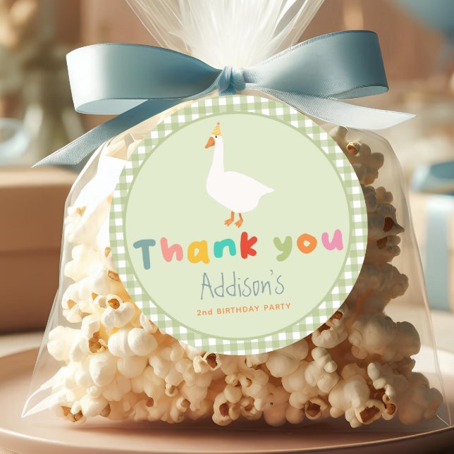 Cute Green Two Silly Goose 2nd Birthday Favor Classic Round Sticker (Creator Uploaded)
