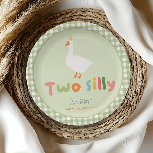 Cute Green Two Silly Goose 2nd Birthday Paper Plates (Creator Uploaded)