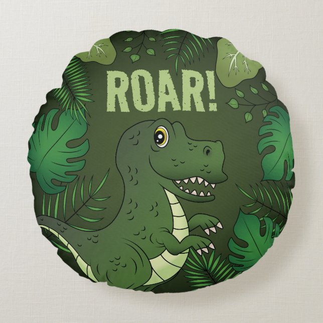 Cute Green Tyrannosaurus Rex Dinosaur & Roar Text Round Pillow (Front)