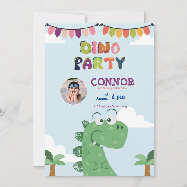 Cute green tyrannosaurus Rex/ T-Rex birthday party Invitation (Front)