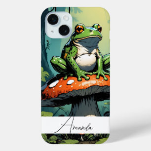 Cute Green Vintage Frog and Mushroom Custom Name iPhone 15 Plus Case