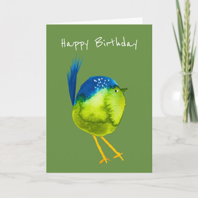 Cute green watercolor bird card (Front)