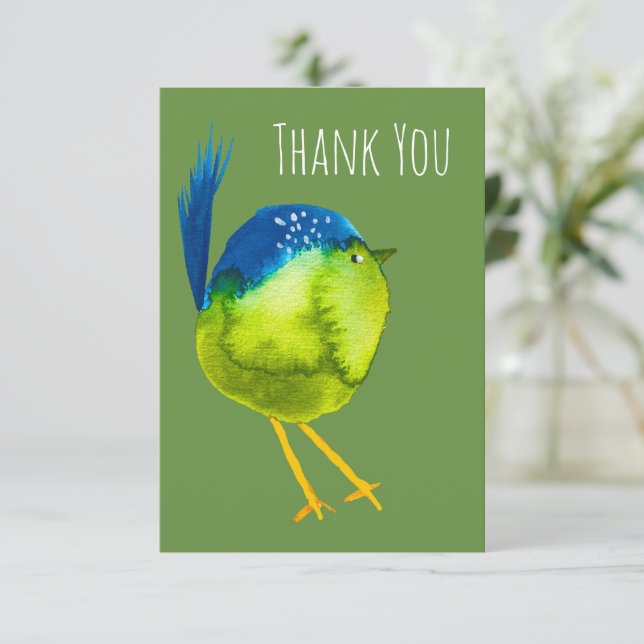 Cute green watercolor bird note card (Standing Front)