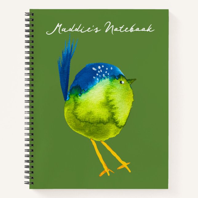 Cute green watercolor bird notebook (Front)