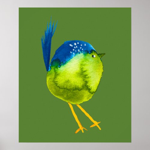 Cute green watercolor bird poster