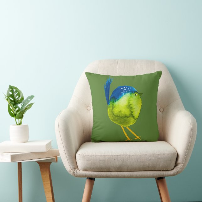 Cute green watercolor bird throw pillow (Chair)