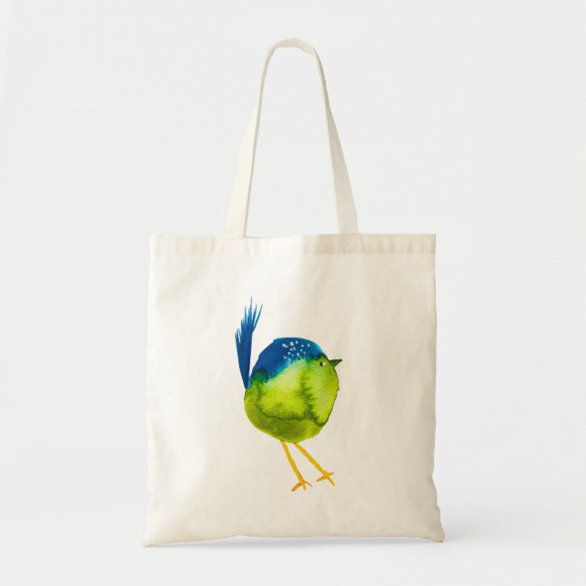 Cute green watercolor bird tote bag (Front)
