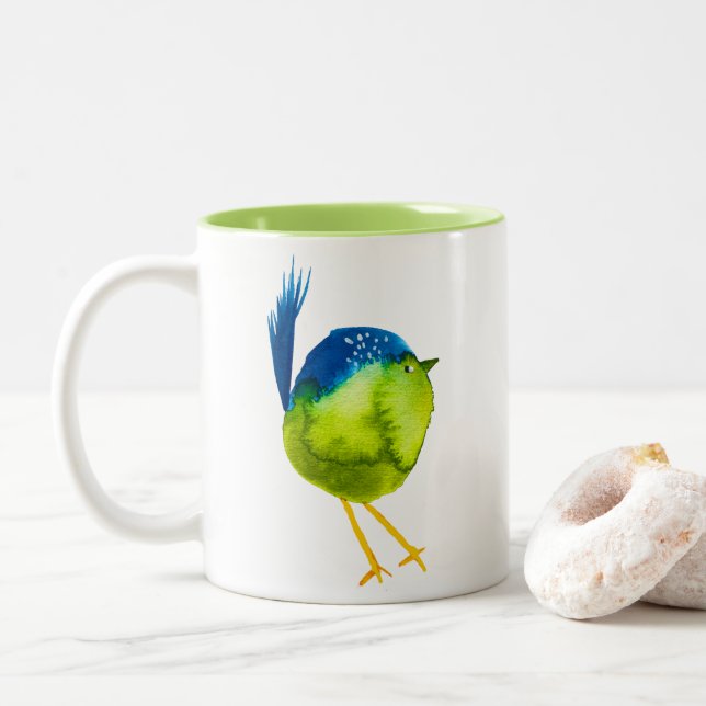 Cute green watercolor bird Two-Tone coffee mug (With Donut)