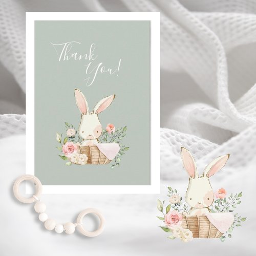 Cute Green watercolor Bunny Baby Shower Thank You Card