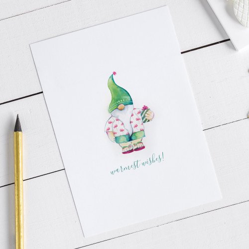Cute Green Watercolor Christmas Gnome Holiday Card