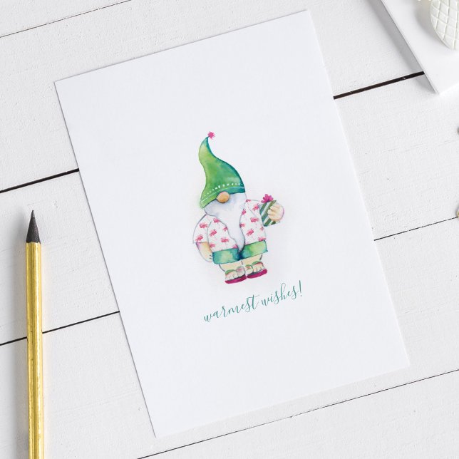 Cute Green Watercolor Christmas Gnome Holiday Card (Gnome Christmas cards watercolor art by Victoria Grigaliunas of Do Tell A Belle)