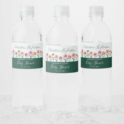 Cute Green Watercolor Floral Couples Baby Shower Water Bottle Label