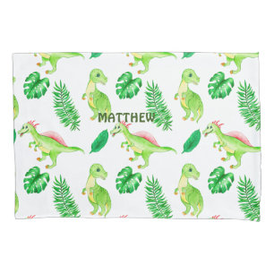 Cute Green Watercolor Jungle Dinosaur Pattern Pillow Case