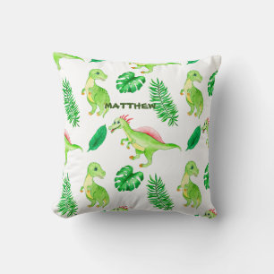 Cute Green Watercolor Jungle Dinosaur Pattern Throw Pillow