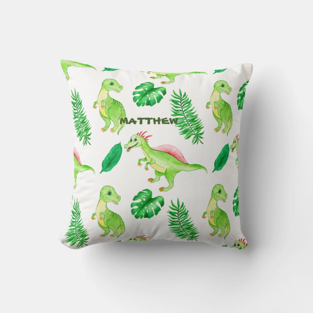 Cute Green Watercolor Jungle Dinosaur Pattern  Throw Pillow (Front)