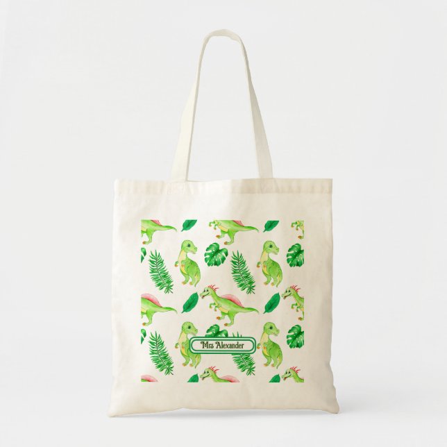 Cute Green Watercolor Jungle Dinosaur Pattern  Tote Bag (Front)