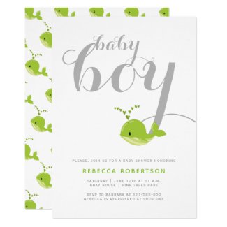 Cute green whale typography baby boy shower invitation