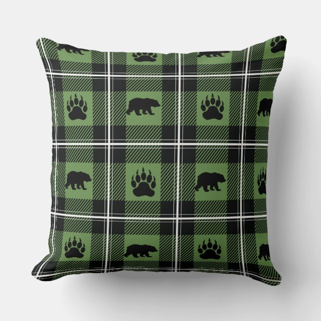 Cute Green White & Black Bear and Paw Flannel Throw Pillow (Front)